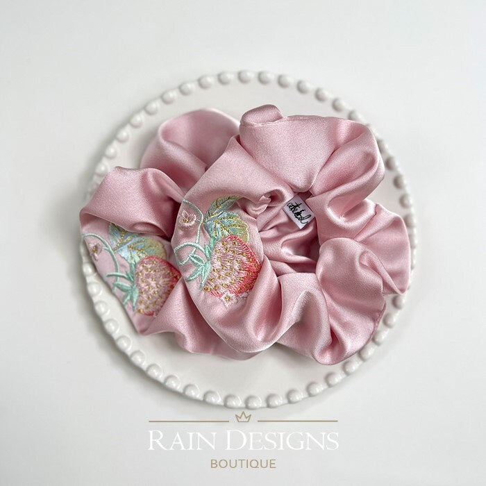 Strawberry Silk Embroidered Scrunchies