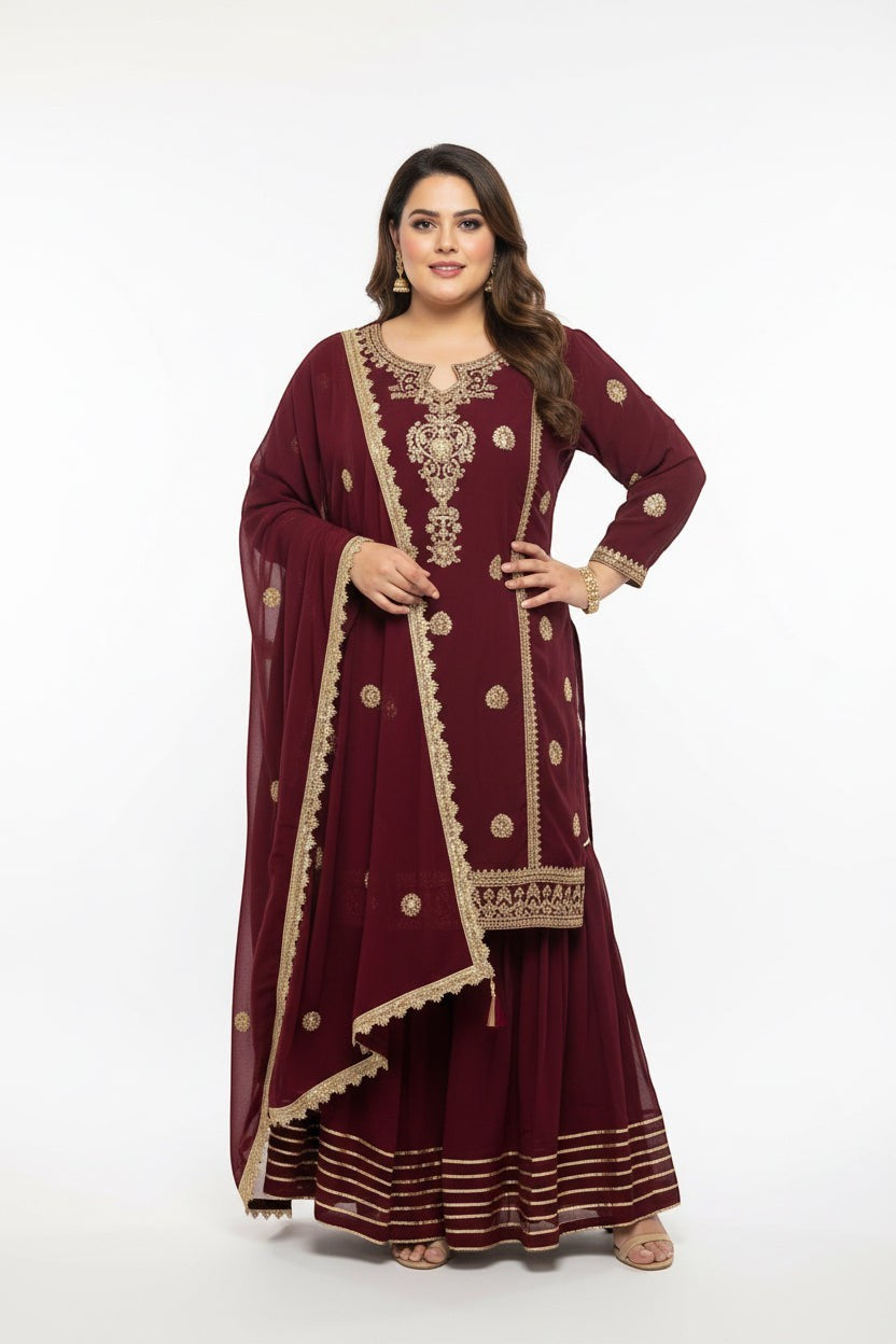 Plus Size: Traditional Embroidered Kurti Sharara Set