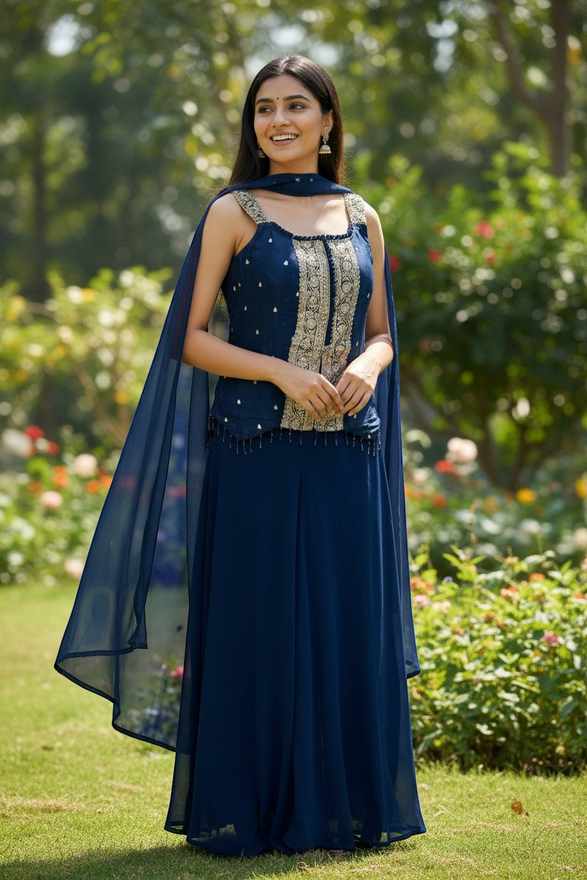Embroidered Sleeveless Palazzo Suit With Scarf