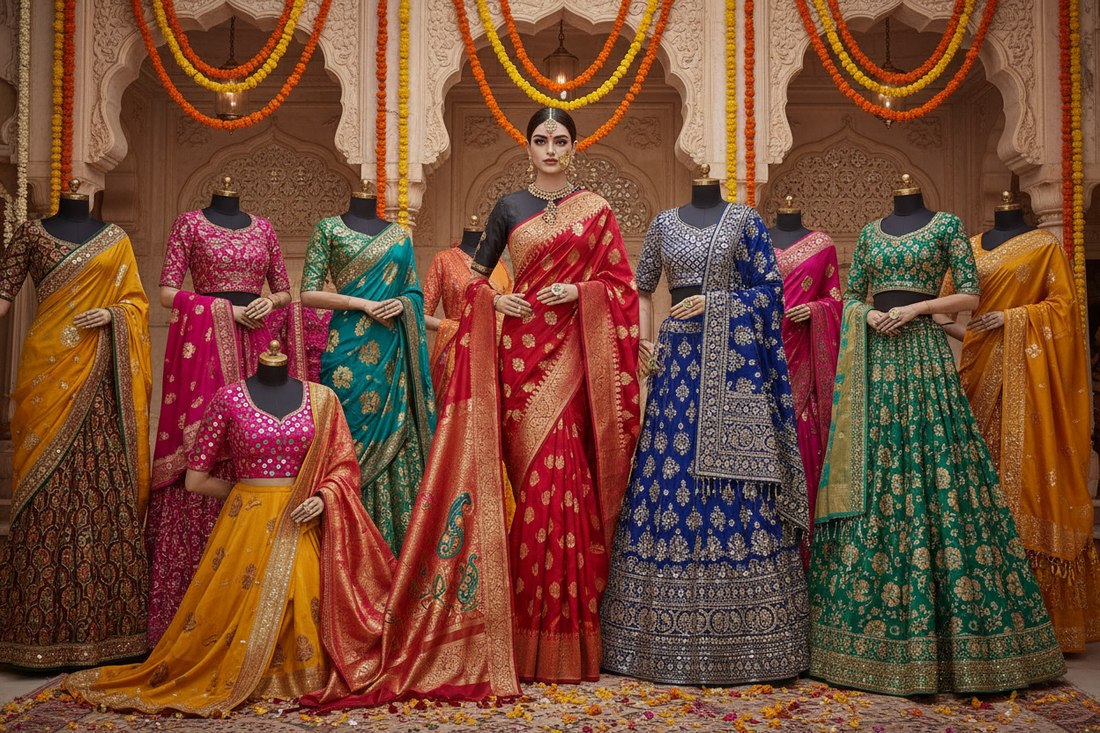 A grand display of elaborately embroidered traditional Indian attire, including saris and lehengas, modeled by mannequins and a central female model, set against an ornate background with flower garlands.