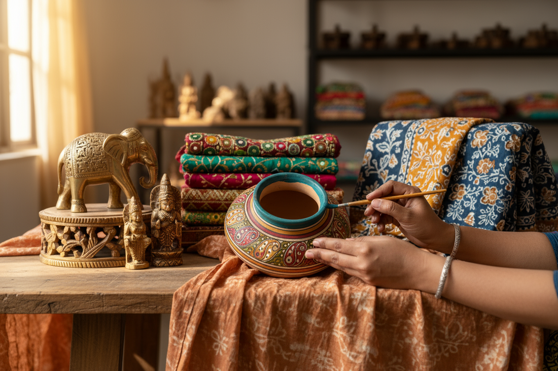 Artisan hand-painting a traditional Indian clay pot surrounded by colorful embroidered fabrics and brass handicrafts on a wooden table.
