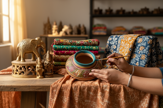 Artisan hand-painting a traditional Indian clay pot surrounded by colorful embroidered fabrics and brass handicrafts on a wooden table.