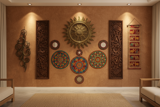 Beautiful Indian wall décor with intricate wooden carvings, colorful mandala art, and traditional handmade designs creating a vibrant ethnic interior.