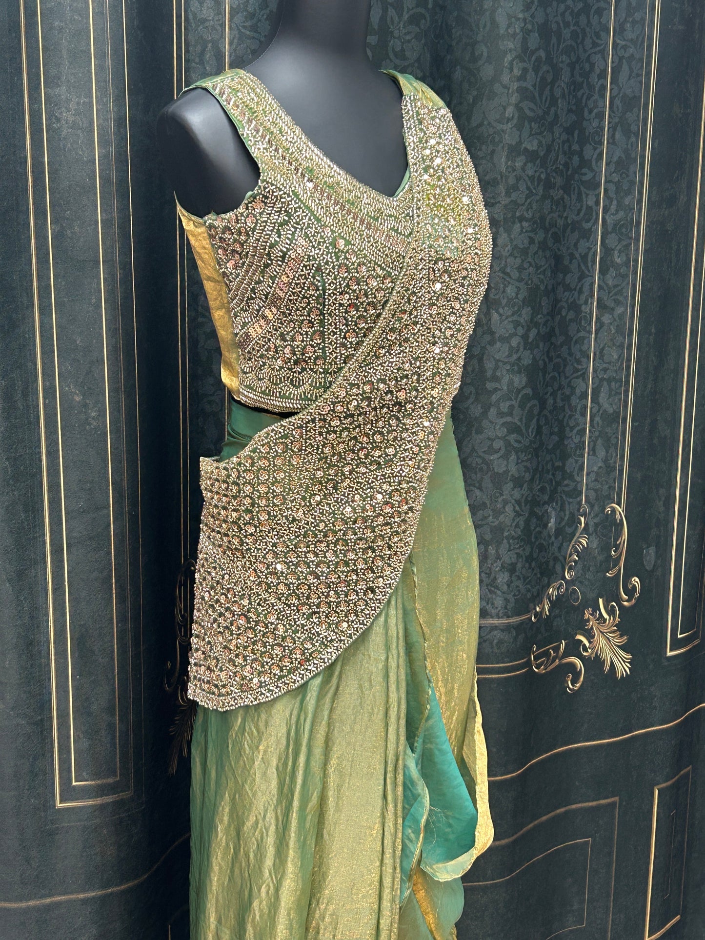 Readymade saree : pre pleated tissue silk saree