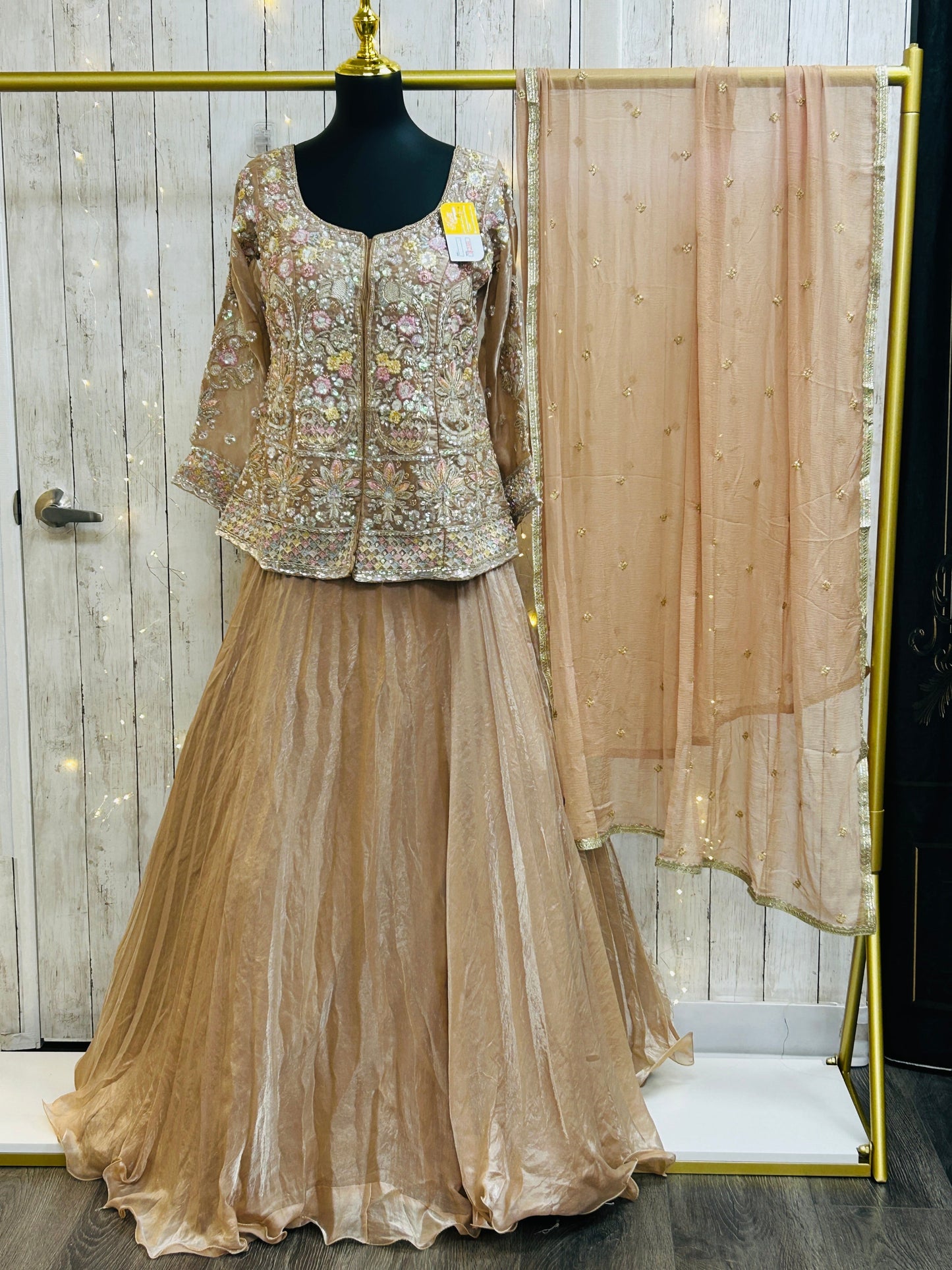 Golden lehenga Choli set with long blouse