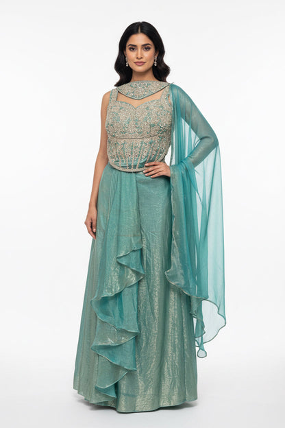 Teal : Lehenga saree : fusion readymade saree