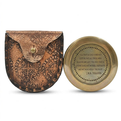 STORE INDYA Brass Compass with Magnetic Needle - Vintage Nautical Directional Compass with Scripture Engraving & Leather Case - High-Quality Gift for Men, Son, Father