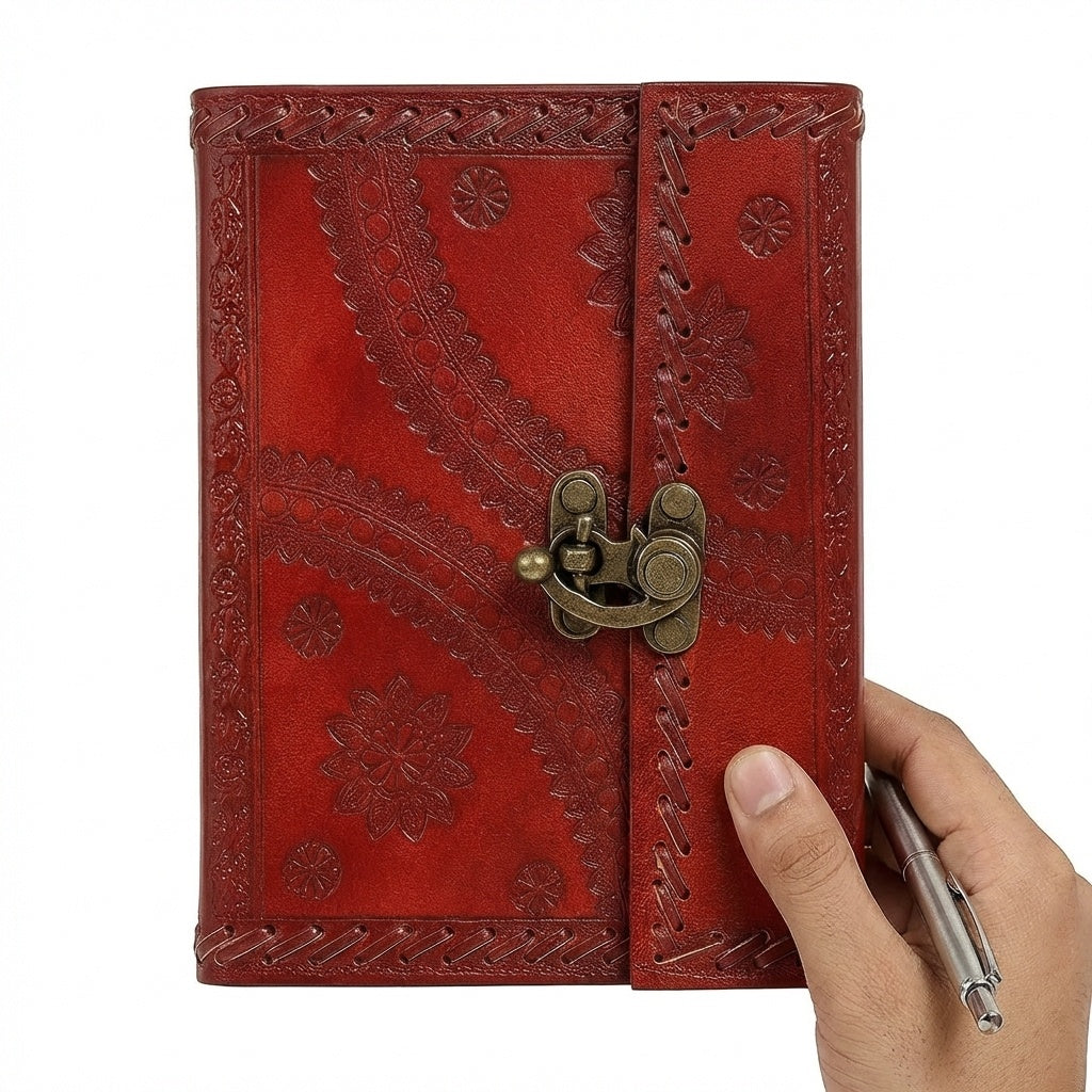 Handmade Leather Travel Journal with Lock-Unlined, 100 Sheets/200 Pages, 7x5 Inches