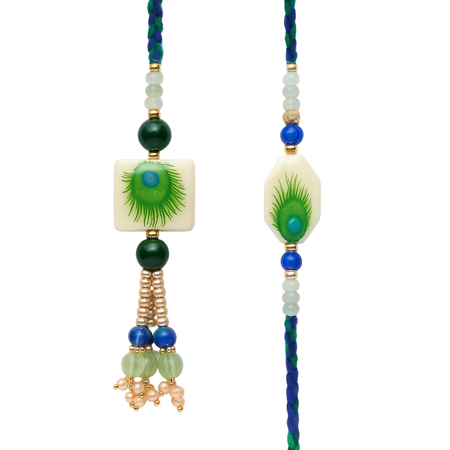 Premium Designer White Peacock Resin Rakhi Set of 2 with Roli Chawal for Bhaiya Bhabhi – Traditional Lumba Set, Thread Rakhi with Stones – Ideal Raksha Bandhan Gift