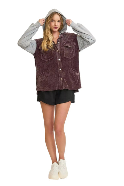 Umgee Contrast Hooded Chenille Jacket