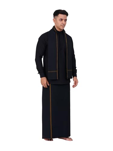 PRAKASAM COTTON Mens Single Small (Roja) Border (1.28x2.00 mtrs) Black Dhoti + Readymade Full Sleeve Mandarin Collar Black Shirt