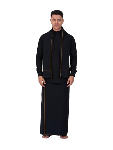 PRAKASAM COTTON Mens Single Small (Roja) Border (1.28x2.00 mtrs) Black Dhoti + Readymade Full Sleeve Mandarin Collar Black Shirt