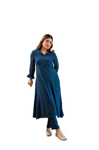 Blue Solid shirt collar rayon kurta with pants