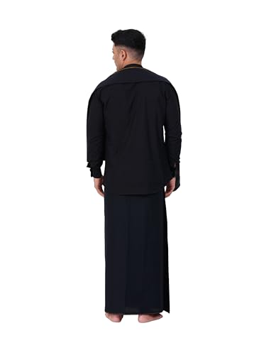 PRAKASAM COTTON Mens Single Small (Roja) Border (1.28x2.00 mtrs) Black Dhoti + Readymade Full Sleeve Mandarin Collar Black Shirt