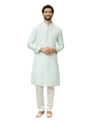 Manyavar Mens Blue Blended Cotton Printed Kurta Pyjama Set