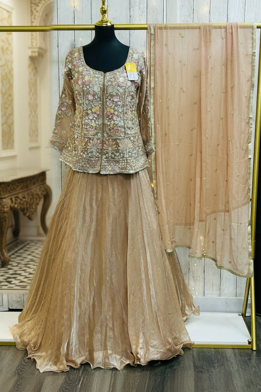 Golden lehenga Choli set with long blouse