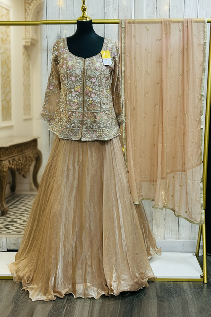 Golden lehenga Choli set with long blouse