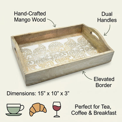 Hand Carved Wooden Breakfast Serving Tray w/ Handle | Kitchen Serve-Ware Accessories | 15x10 | 2050
