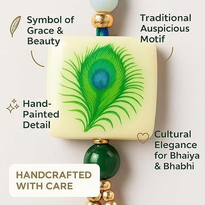 Premium Designer White Peacock Resin Rakhi Set of 2 with Roli Chawal for Bhaiya Bhabhi – Traditional Lumba Set, Thread Rakhi with Stones – Ideal Raksha Bandhan Gift