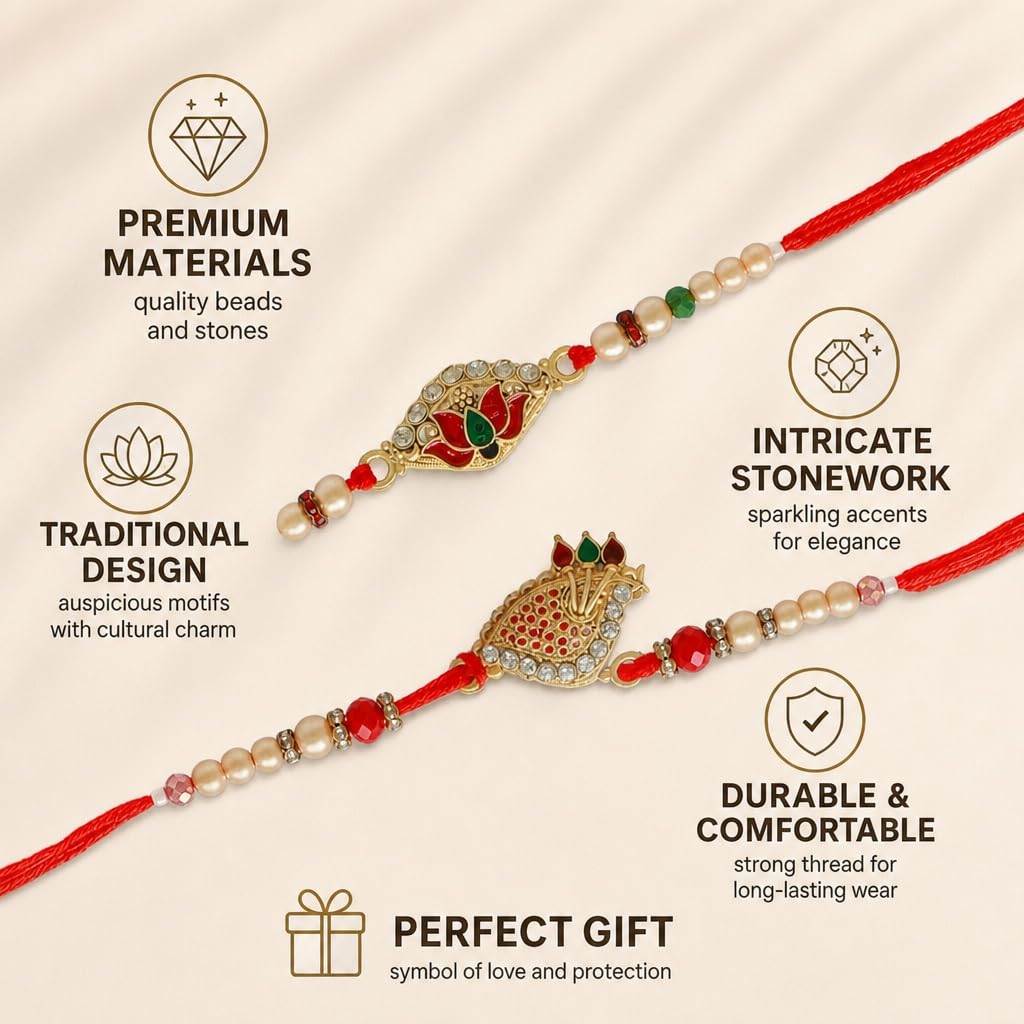 Premium Designer Rakhi Set of 2 for Brother – Rakhi Thread, Rakhi Bracelet, Traditional Raksha Bandhan Gift for Bhaiya