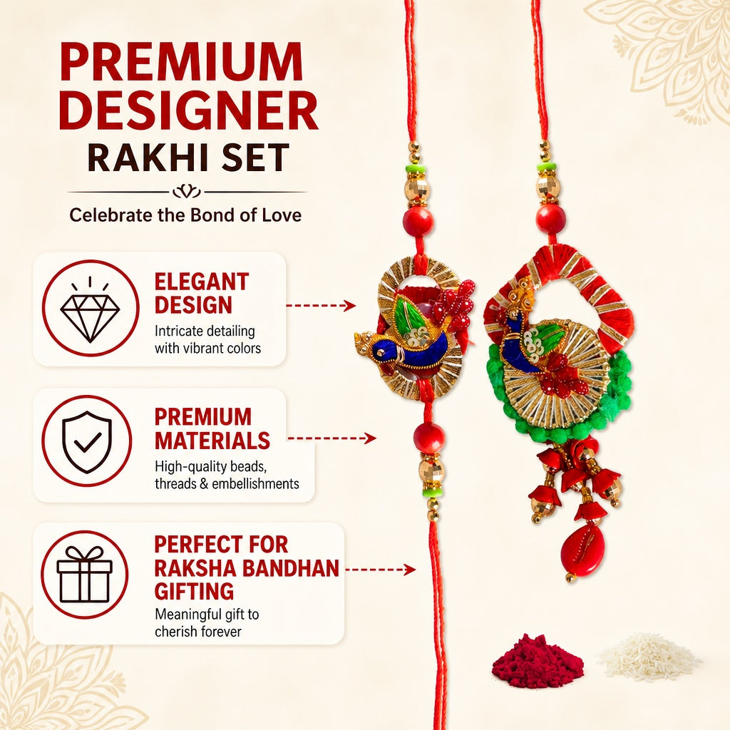 Premium Designer Red Cloth Peacock Design Rakhi Set of 2 for Bhaiya Bhabhi – Traditional Lumba Set, Thread Rakhi with Stones – Ideal Raksha Bandhan Gift