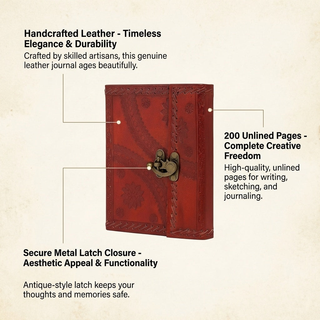 Handmade Leather Travel Journal with Lock-Unlined, 100 Sheets/200 Pages, 7x5 Inches