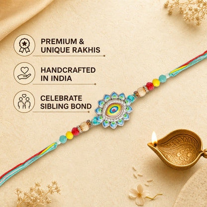 Store Indya Premium Designer Evil Eye Rakhi Set of 2 | for Bhaiya Bhabhi – Traditional Lumba Set, Thread Rakhi with Stones – Ideal Raksha Bandhan Gift