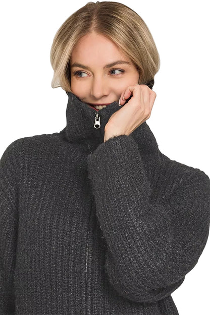 Zenana High Neck Full Zip Sweater Cardigan