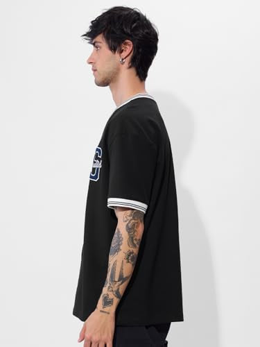 The Souled Store Varsity T-Shirt: Blue Blaze Oversized T-Shirt For Men Boys Cotton Casual Half Sleeves Baggy Loose Fit Drop Shou