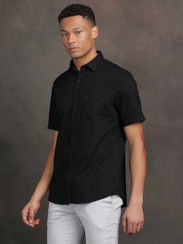 Turtle Men Black Slim Fit Solid Pure Cotton Casual Shirt