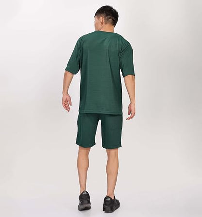 Shodox MenS Round Neck Solid Relaxed Fit Tshirt And Short Co-Ords Set For Mens (Pack Of 1) Bottle Green