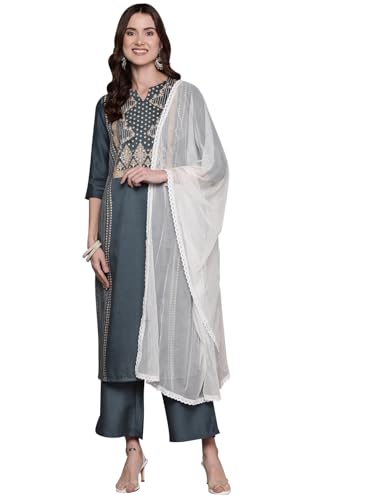 ZIYAA Women Women's Grey Chinon Kurta, Palazzo And Dupatta Set