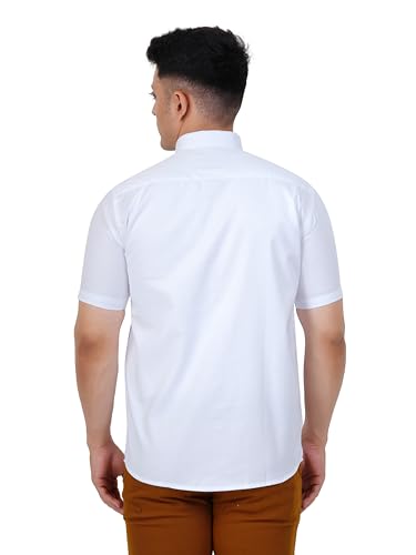 PRAKASAM COTTON Self Design Poly Cotton Moon Light White Half Sleeve Shirt for Men/Regular Fit Half Sleeve Shirt for Men