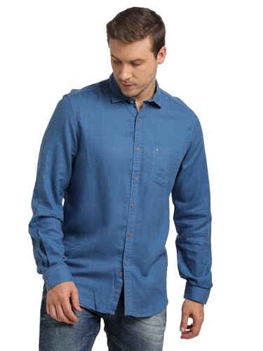 Turtle Men Cotton Lyocell Slim Fit Blue Solid Casual Shirt