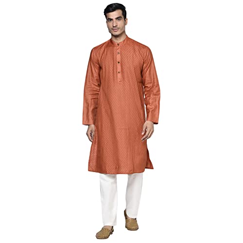 Fabindia MenS Silk Pintucks Slim Kurta_Orange_Xs