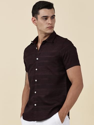 Thomas Scott Short Sleeve Embroderied Casual Shirt for Men Wine