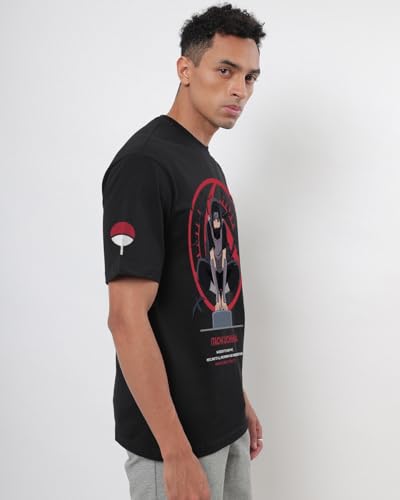 Bewakoof Official Naruto Merchandise Itachi Uchiha Mens Graphic Printed Oversized Fit Half Sleeve Round Neck Cotton Jersey T-Sh