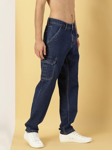 Thomas Scott Men Comfort Relaxed Fit Clean Look Light Fade Pure Cotton Cargo Jeans