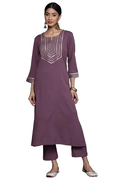 Violet Straight Kurta with Gota Lace Embellished Kurta, Round Neckline with Slit, Straight Kurta, Side Slit, Straight Hemline, Gota Lace Embellishment.