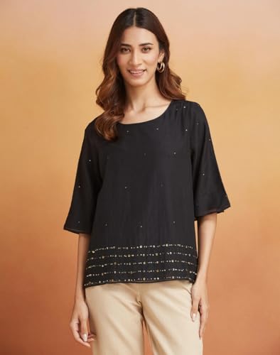 Fabindia WomenS Embellished Regular Fit Top (1038714Black_Black