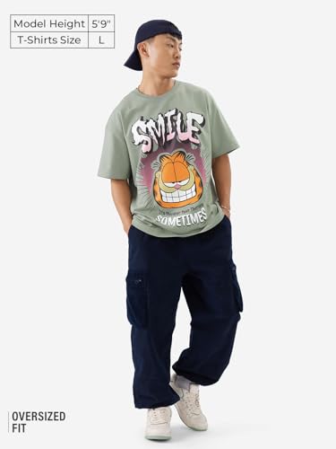 The Souled Store Official Garfield: Smile Men And Boys Short Sleeve Green Cotton Oversize Fit T-Shirt
