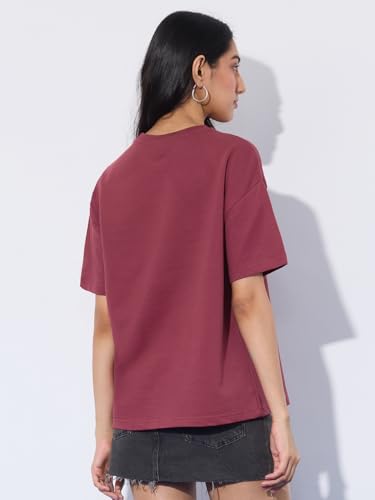 The Souled Store Oversized T-Shirt: Emergency Women and Girls Short Sleeves Round Neck Red Embellished Cotton Oversized T-Shirts