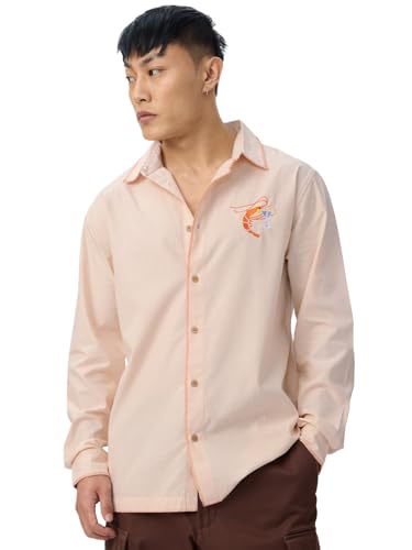 The Souled Store Shrimp Cocktail Men and Boys Long Sleeves Collared Neck Button Front Pink Embroidered Cotton Relaxed Shirts