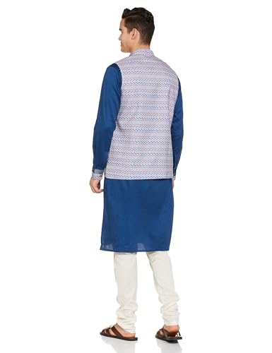 Manyavar Blue Cotton Printed Celebration Kurta Jacket Set With Mandarin Collar