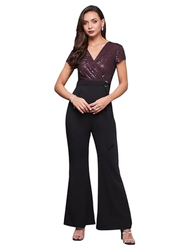 Miss Chase WomenS V-Neck Short Sleeve Embellished Wrap Jumpsuit (Mcss24D19-39-62-06, Black, Xl)