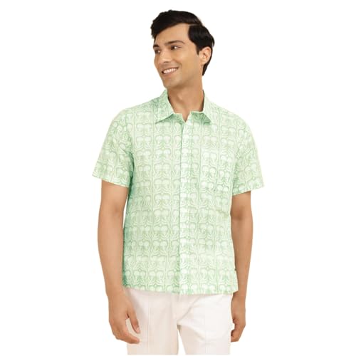 Fabindia MenS Printed Straight Fit Shirt (1036424White- White-Green
