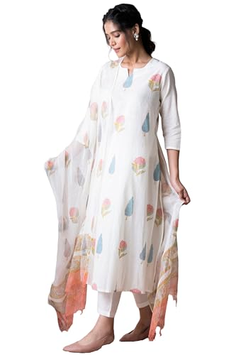 GoSriKi Womens Cotton Blend Straight Printed Kurta with Pant & Dupatta (Nairiti White-GS_XXL_White_XX-Large)