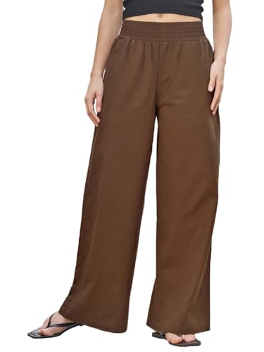 Bewakoof Womens Solid Regular Fit Cotton Linen Blend Casual Pants_677739_Brown_30