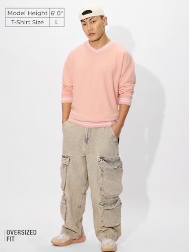 The Souled Store Nude Pink Men and Boys Long Sleeves Round Neck Cotton Blend Oversized Sweatshirts