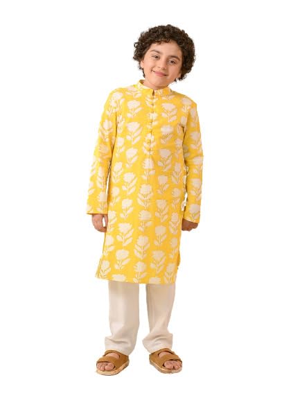 Pspeaches Boys Floral Printed Pure Cotton Kurta With Pyjamas